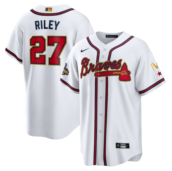 Youth Atlanta Braves #27 Austin Riley 2022 White/Gold World Series Champions Program Cool Base Stitched Jersey